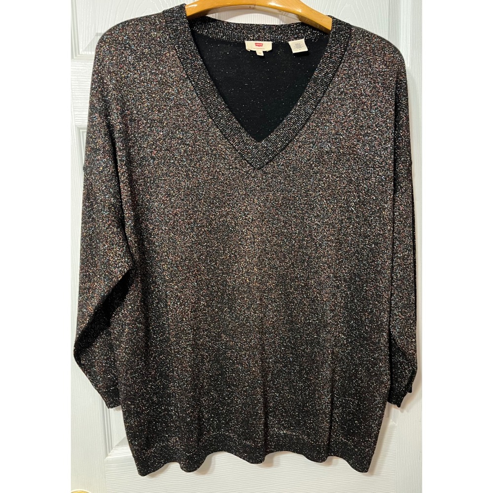 Levis Womens Black Multicolor Metallic Shimmer Wool Blend V-Neck Sweater Sz‎ M